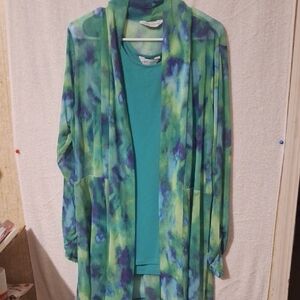 Susan Graver Multicolor Cardigan And Tank Top. Size 2X. NWOT. Green, Blue, Cream
